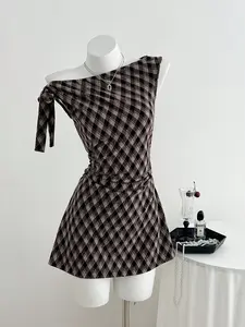Elamini Asymmetric Neckline Sleeveless Rhombus Plaid Dress