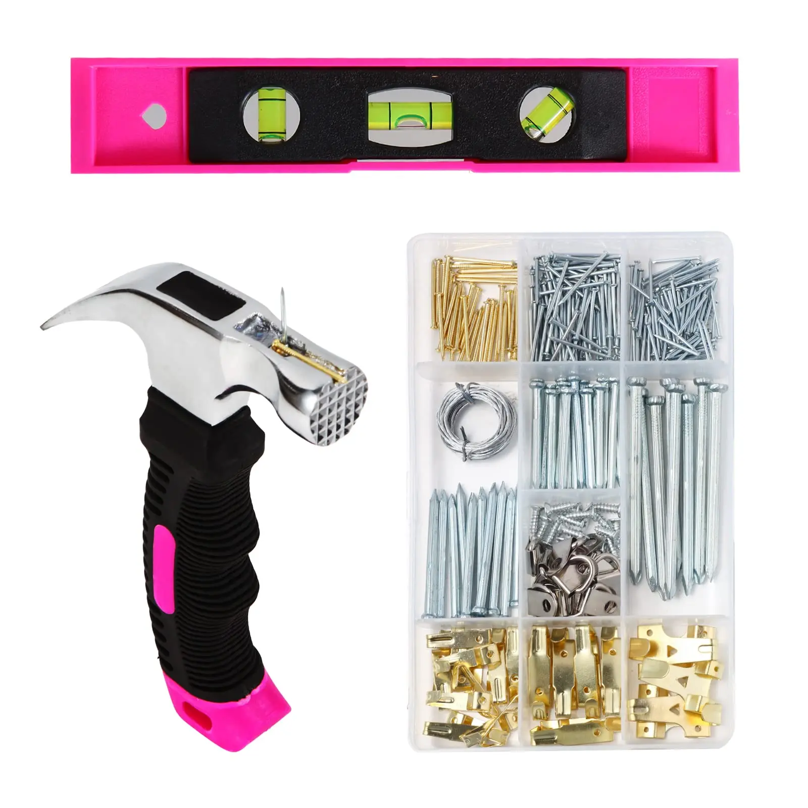 【summerfinds】315PCS Picture Hanging Hardware Kit, Wall Mount Supplies with Hooks, Hanging Wire, Nails, D Rings, Frame Hangers, Magnetic Level & Mini Pink Claw Hammer, Lightweight Plastic Storage Box for Photo Frames & Home Wall Art Decoration