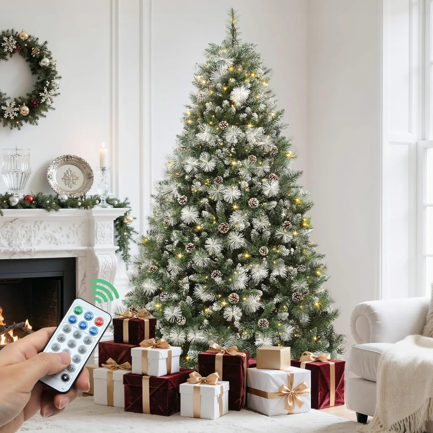 【Christmas in July】YITAHOME 4.5/6/6.5/7.5FT Christmas Tree, scoth pine/Light Bulbs Flocked, Artificial Christmas Tree,  for Home Party Decoration