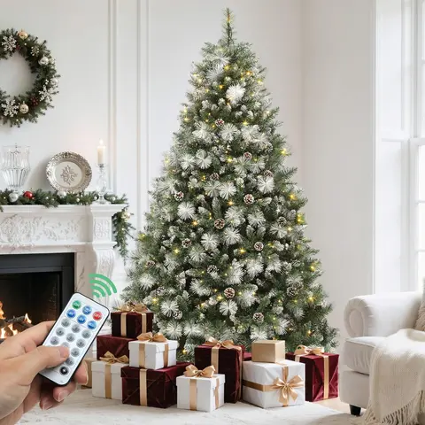 YITAHOME Artificial Xmas Tree - 4.5/6/6.5/7.5FT Flocked Scotch Pine Pre-Lit with Light Bulbs, 56 Pine Cones, Remote Control, Christmas Aesthetic Decorations and Ornaments for Home Party Indoor Festive Use