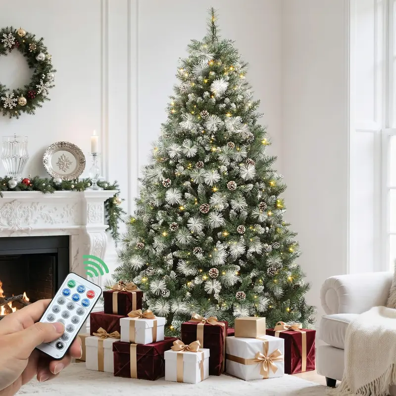 YITAHOME Artificial Xmas Tree - 4.5/6/6.5/7.5FT Flocked Scotch Pine Pre-Lit with Light Bulbs, 56 Pine Cones, Remote Control, Christmas Aesthetic Decorations and Ornaments for Home Party Indoor Festive Use