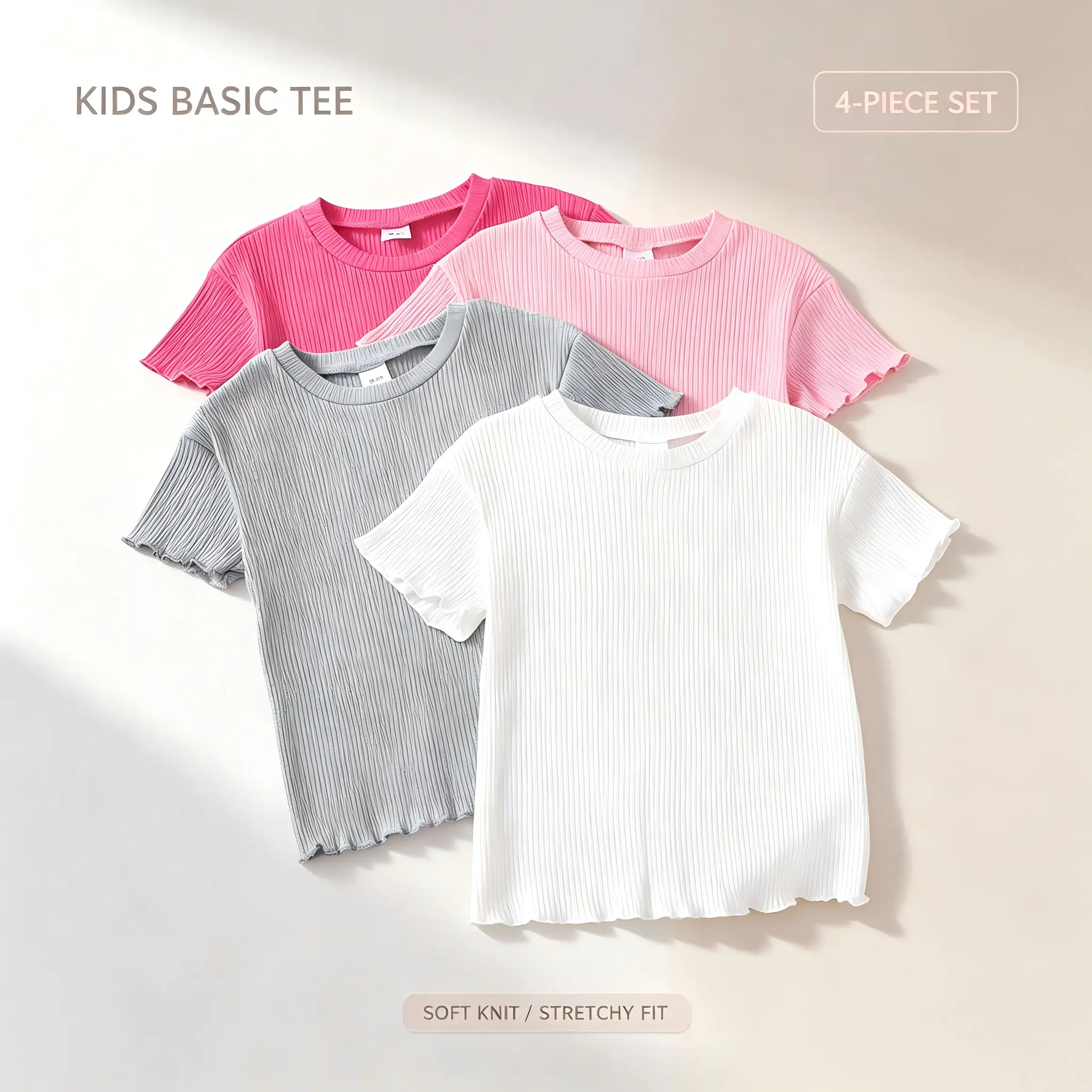 Girls' Ribbed Short Sleeve T-Shirts 4-Pack, 18M-6T - Crewneck, Lettuce Hem, Slim Fit Basic Kids' Fashion Tops Casual Soft Shirt Ruffle T Shirts