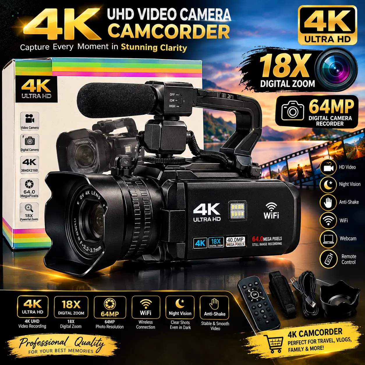 4K UHD Video Camera Camcorder with 18X Digital Zoom 64MP Sensor WiFi Night Vision Anti-Shake Remote Control for Travel Vlogs Family More
