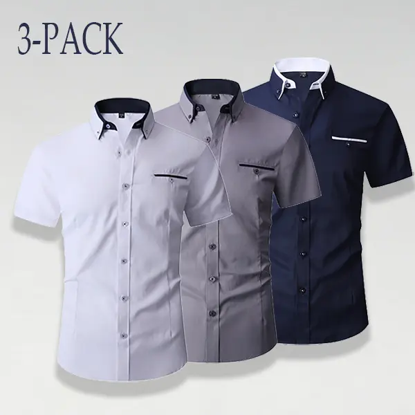 Men's Oxford Shirts 3-Pack, Slim Fit Short Sleeve Plain Collared No-Iron Fabric for Business Casual and Everyday Wear, Oxford Fabric, Chic, Do Not Iron