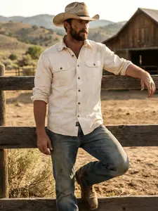 Men's Vintage Western Cowboy Distressed Shirt, Retro Workwear Long Sleeve Lapel Button Down, Casual Outdoor Top, 7 Colors