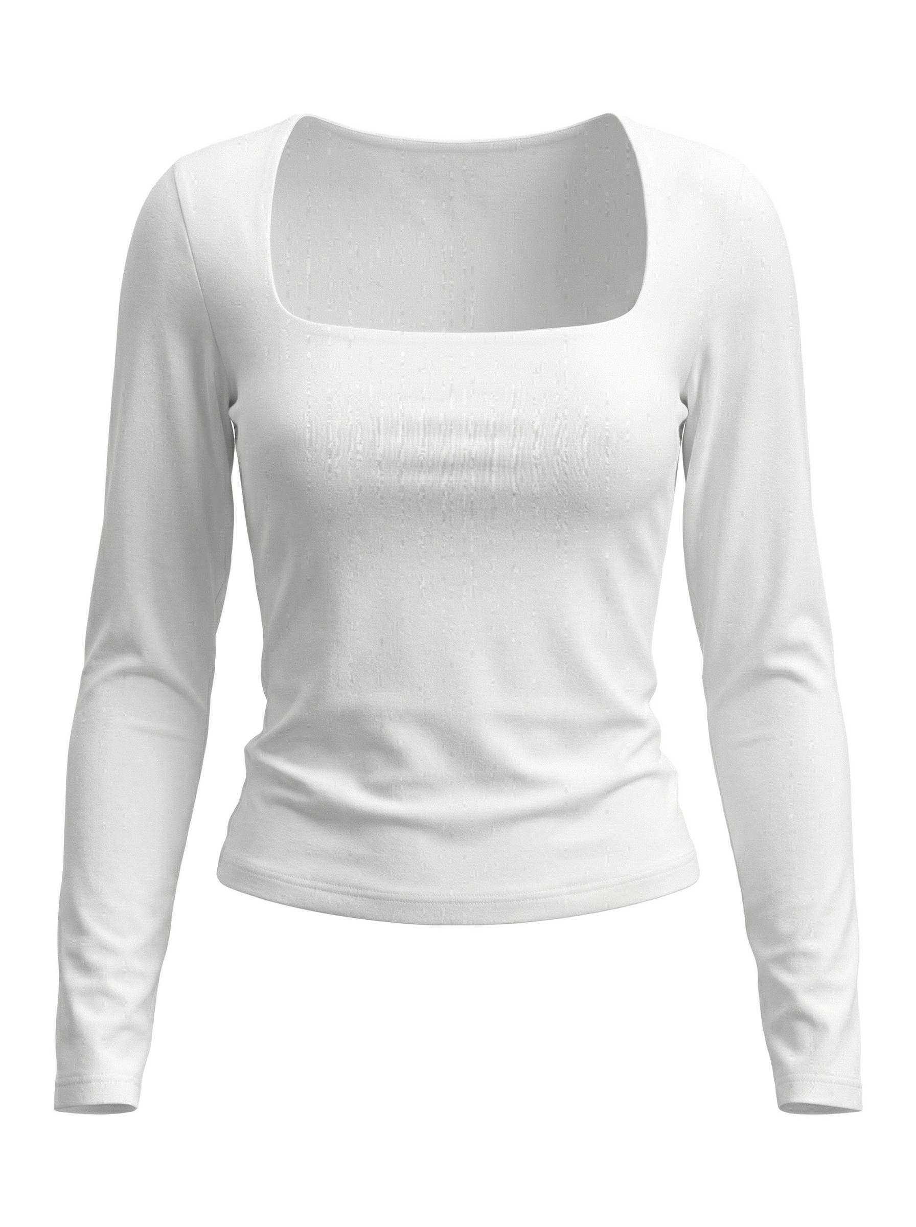 White Square Neck Crop Top Women's Ribbed Long Sleeve Fitted Basic Tee
