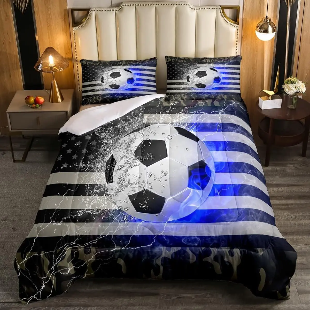 Feelyou American Flag Quilted Duvet Set - Camouflage Down Comforter, Football Theme Bedding for Kids Boys, Home House Decor for Bedroom Guest Room, Machine Washable Grey White, Room Decor, Kids Bedrooms