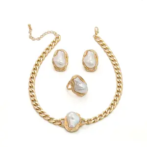 Gold Chunky Chain Baroque Pearl Jewelry Set for Women, Vintage Irregular Pearl Necklace Earrings Set, Elegant Retro Jewelry Gift