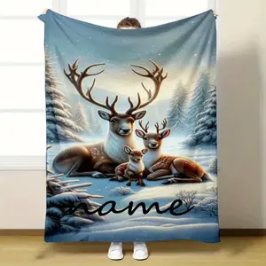 Personalized Deer Family Flannel Throw Blanket – Custom Name, Soft Polyester, Knit Weave, Digital Print, All-Season Comfort for Bedding, Sofa, Office and Camping