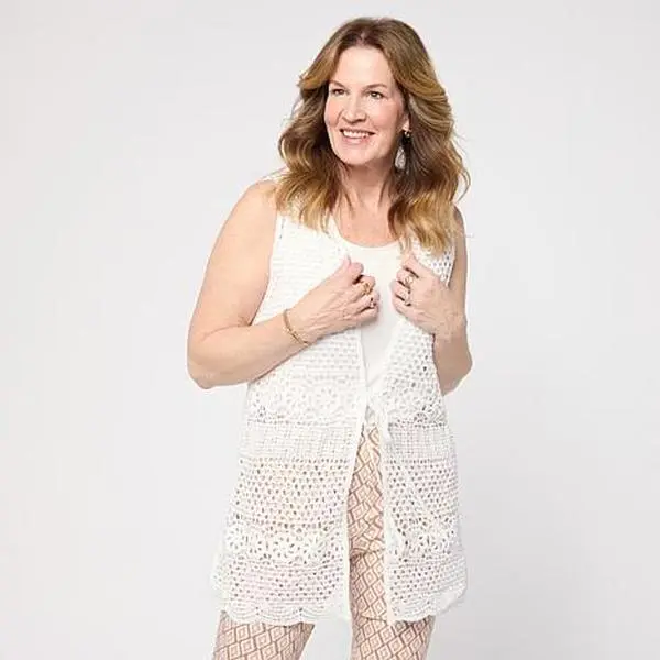 Nina Leonard Crochet Tie-Front Cardigan Vest