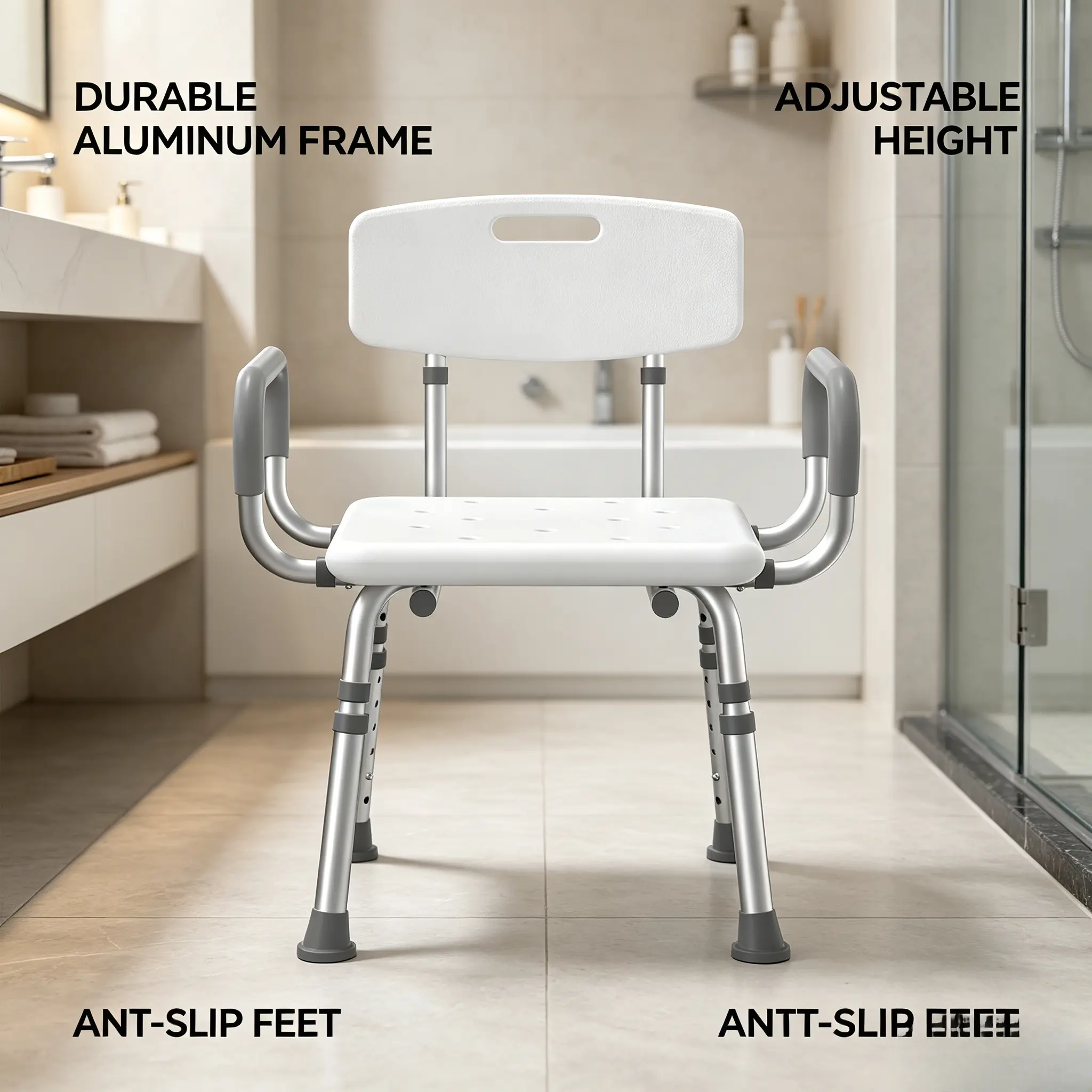 HOMLAND Shower Chair for Inside Shower with Arms and Back, 500 lbs Heavy Duty Shower Seat for Bathtub, Height Adjustable Safety Bath Seat for Elderly, Adults, Handicap and Disabled, White