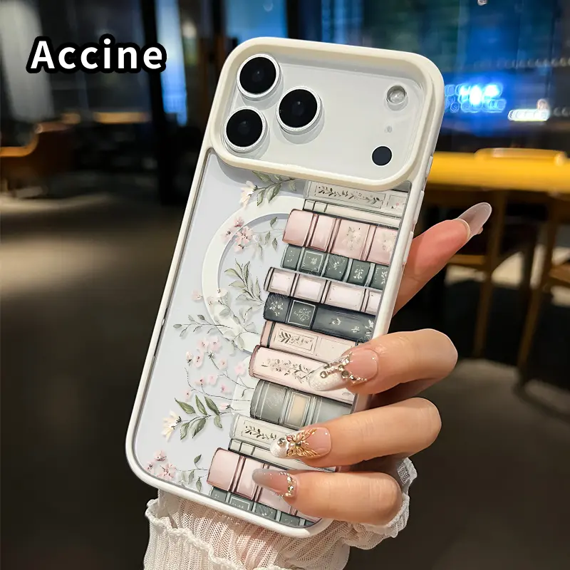 Magnetic Phone case for iPhone 17 16  Pro Max Plus 15 14 13 12 11 Air E Floral Book Stack Pattern Non-Yellowing Shockproof Soft Silicone Transparent Acrylic Cover Supports Wireless Charging,Halloween,Horror,Character