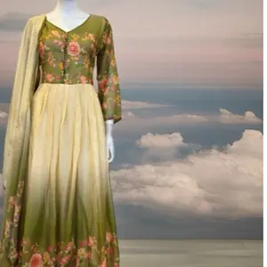 Flows Anarkali - Green Floral Maxi Dress with Gold Accents & Elegant Shawl Long Sleeve