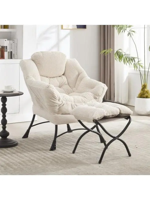 White Lazy Chair with Ottoman, Modern Comfy Accent Chair with Armrests & Side Storage, Upholstered Sofa Reading Chair with Footrest for Apartment or Small Room