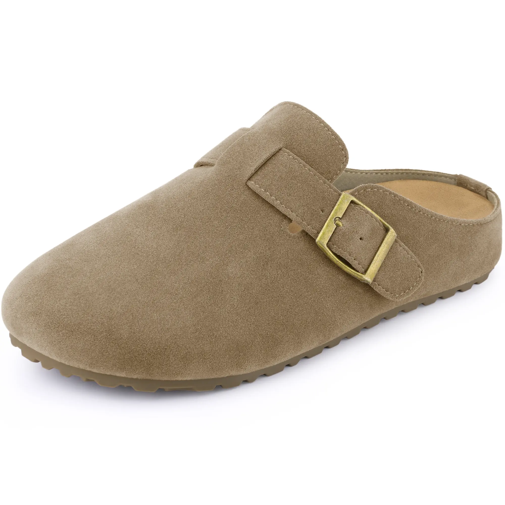 BLISSFUL STEP Women's Suede Clogs Cork Platform Mules with Buckle Slip on Slippers