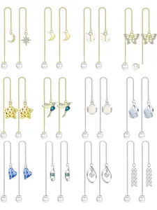 12-Piece Set of Women's Fringe Earrings, Lightweight Teardrop Earrings, Teardrop Crystal Fringe Pearl Chain Earrings, Silvery and Golden Color Set