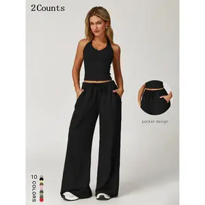 Women's Solid Crop Tank Top & Wide Leg Pants Set, Casual V Neck Sleeveless Top & Trousers for Daily Outdoor Wear, Ladies Sportswear for Summer, Solid Sports Sets, Sports Activewear SetRAIMENTRY