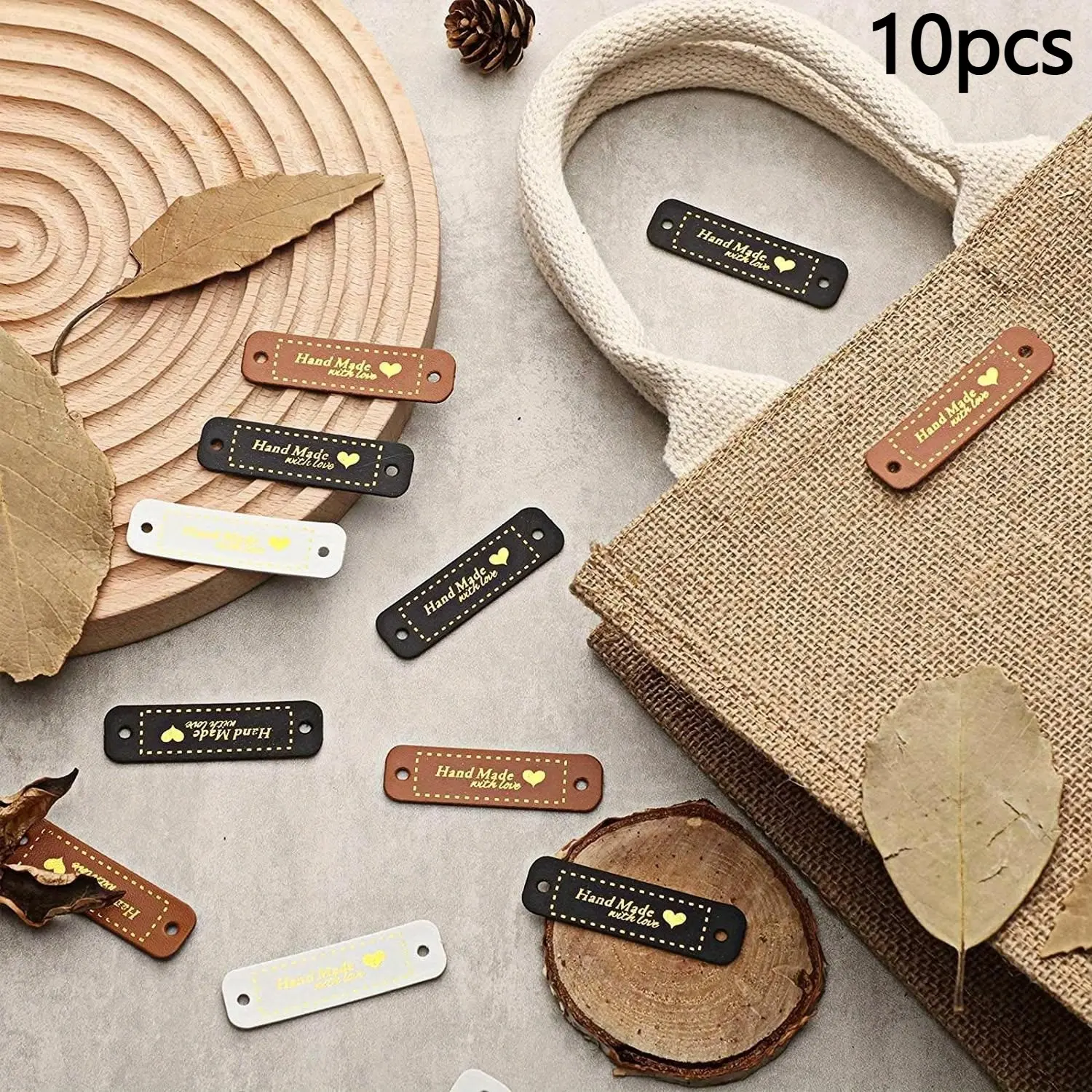 10pcs Handmade PU Leather Tags Handmade with Love PU Labels Faux Leather Sew On Labels Embellishment Knit Accessories with Holes for DIY Crafts Sewing Crochet Knitting Hats (Brown, Black, White)