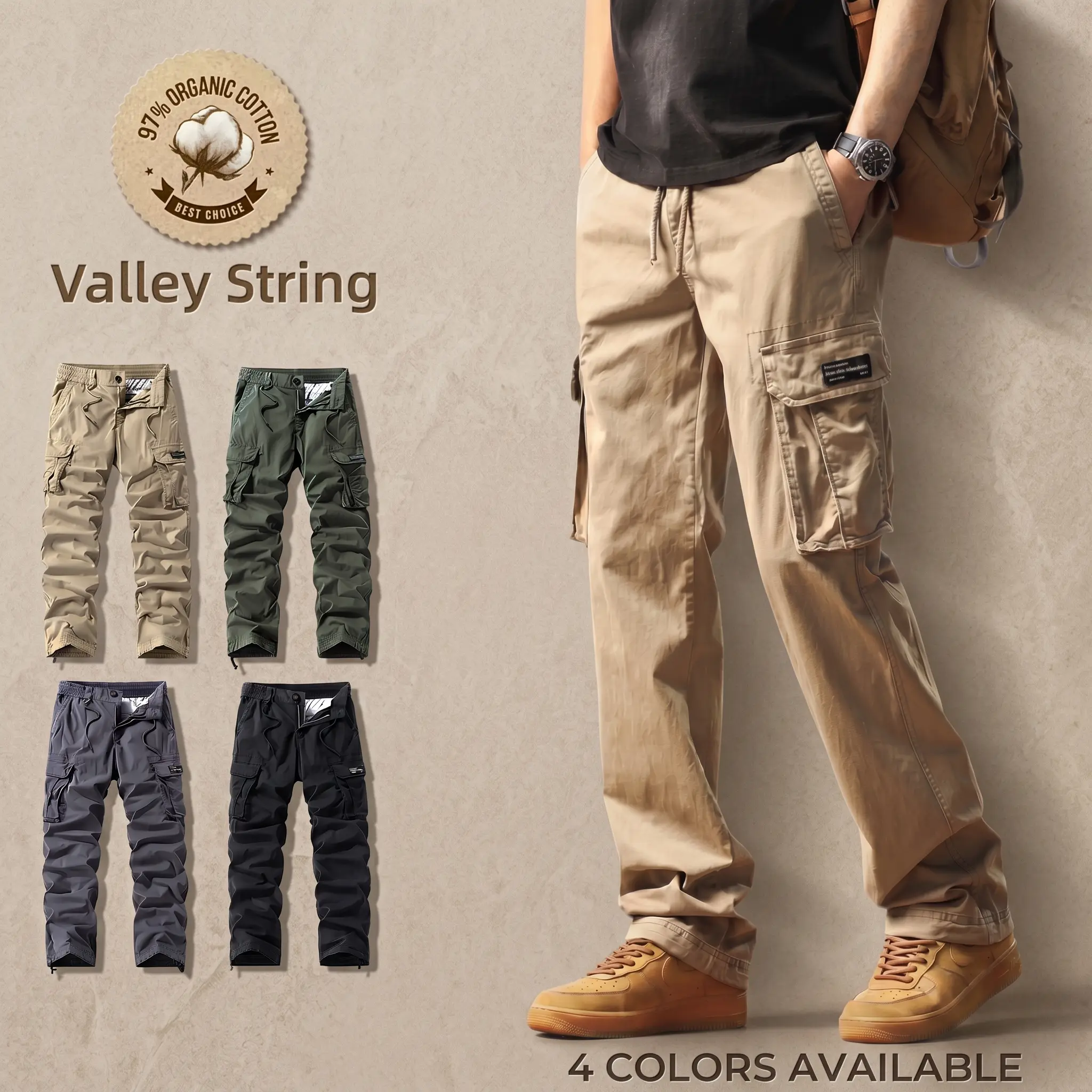 Men’s durable tactical cargo pants resistant to tearing; waterproof outdoor hiking work construction pants; men’s organic cotton cargo long pants with large capacity side pockets and adjustable hem cuffs; suitable for outdoor hiking, camping, and everyday