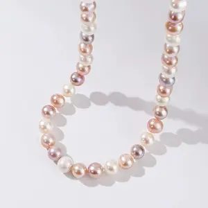 Women’s 8–9 mm freshwater seed pearls, multicolor candy colors, iridescent, round-ish, mixed color, silver collarbone necklace