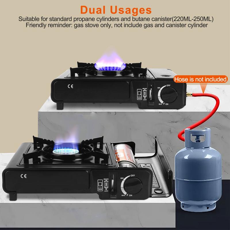 3300W Portable Camping Stove Butane Canister Dual Fuel Burner Piezo Electric Ignition Single Burner with Automatic Tank Ejection Overpressure Cut Off Carry Case for Camping Hiking Picnic Fishing BBQ
