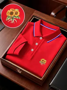 Men's Sunflower Print Polo Shirt, Casual Loose-Fit Short Sleeve, Breathable Elastic Fabric, Ideal for Outdoor Activities, Perfect Gift Choice