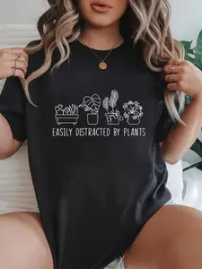 100% cotton Easily Distracted By Plants Funny Gardener Plants Lovers Crew Neck short Sleeve T-Shirt, Casual Print Graphic Cotton Tees Women Tops