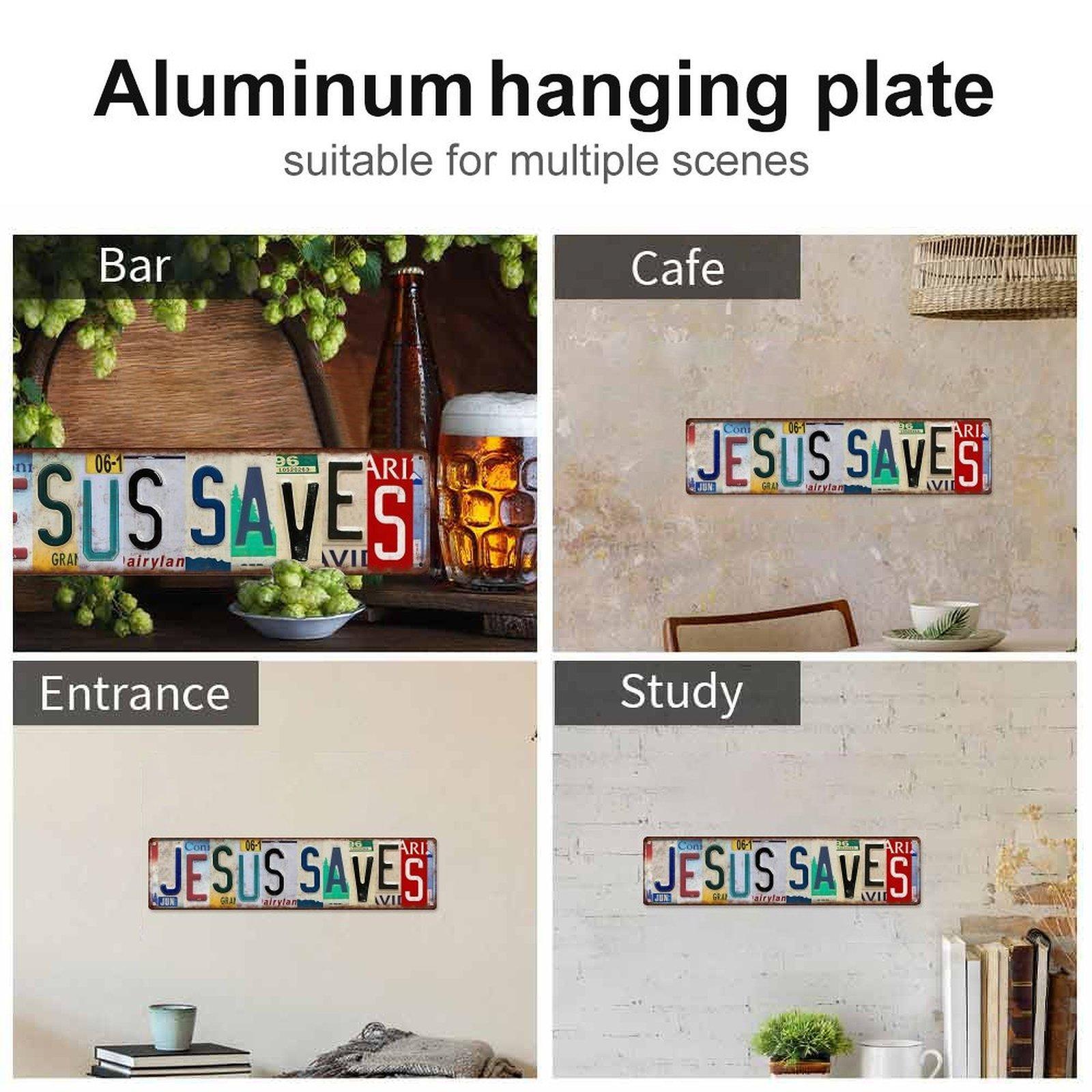 16×4 Inch Jesus Saves Vintage Metal Sign, Retro License Plate Style Christian Aluminum Wall Decor, Pre-drilled Religious Wall Art for Home Garage