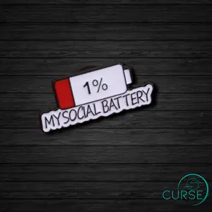 Curse Brand 1% Social Battery Enamel Pin - Red & White Battery Design with "MY SOCIAL BATTERY" Text