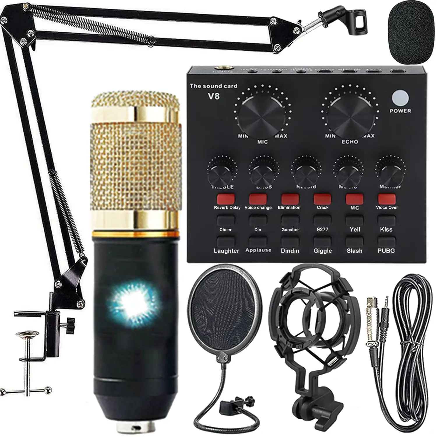 Podcast Equipment Bundle, with Podcast Microphone and V8 Sound Card, Voice Changer - Audio Interface -Perfect for Recording, Singing, Streaming and Gaming (V8-Black)