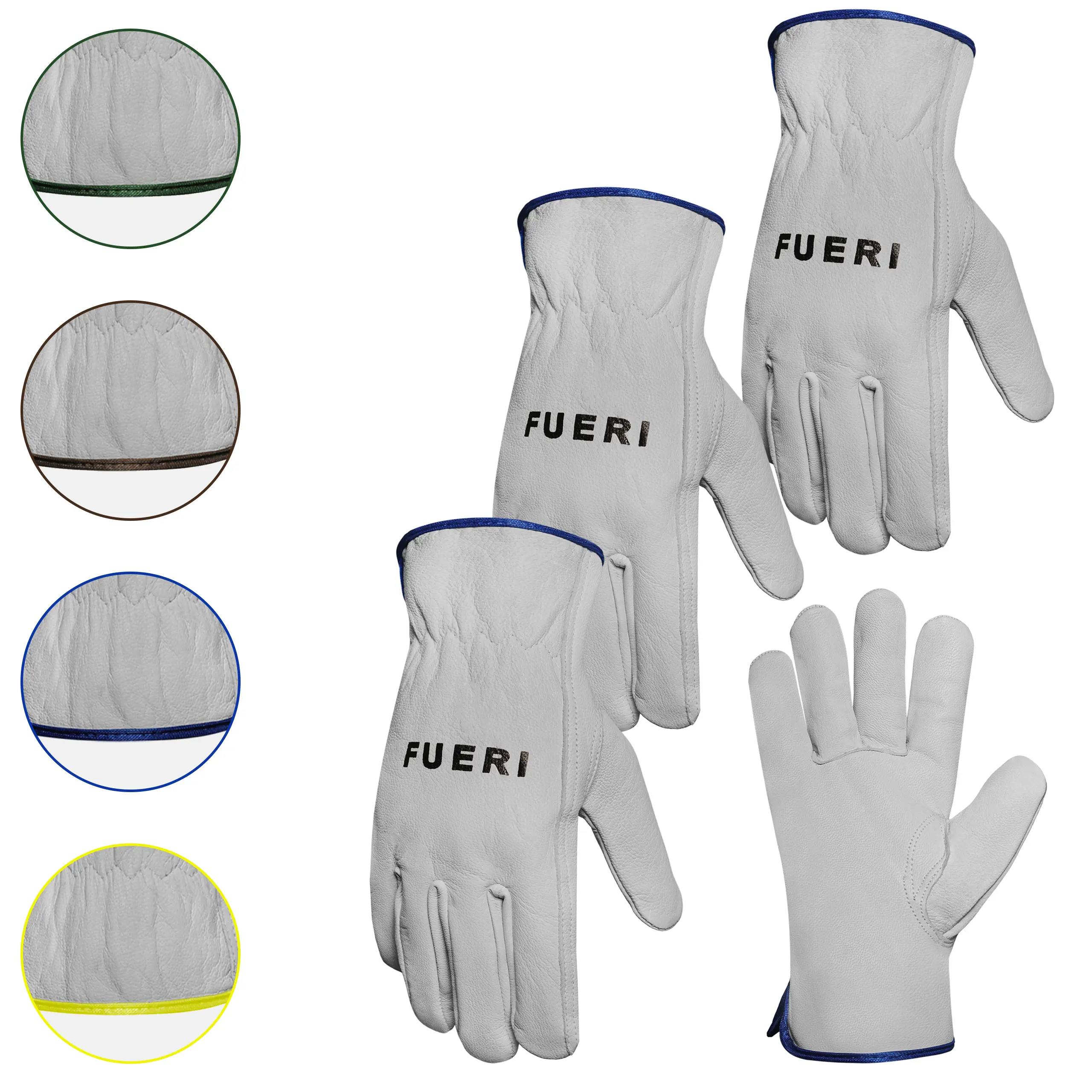 FUERI Goatskin Leather Work Gloves for Men, Unlined Safety Gloves with Keystone Thumb, Durable Construction & Gardening Gloves (Pack of 3)