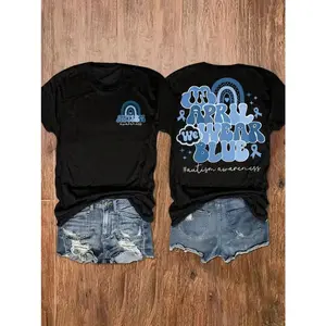 In April We Wear Blue Autism Awareness Graphic Tee Retro Rainbow Cute Soft Cotton Crewneck Short Sleeve Casual Streetwear Everyday Outfit
