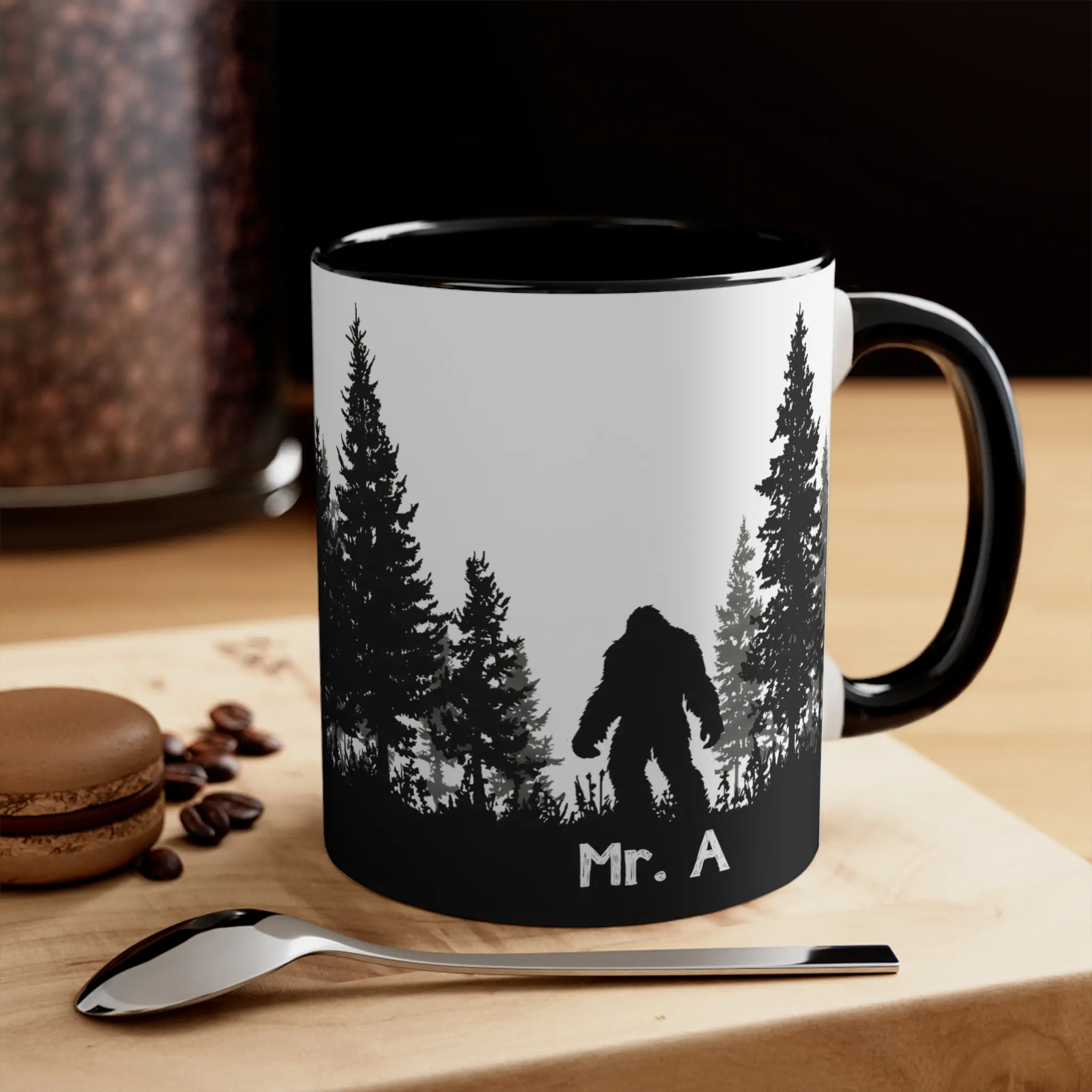Personalized Bigfoot Mug, Sasquatch Forest Silhouette Coffee Cup, Custom Name Text, Ceramic 11oz & 15oz, Microwave & Dishwasher Safe, Gift for Him Dad Camper