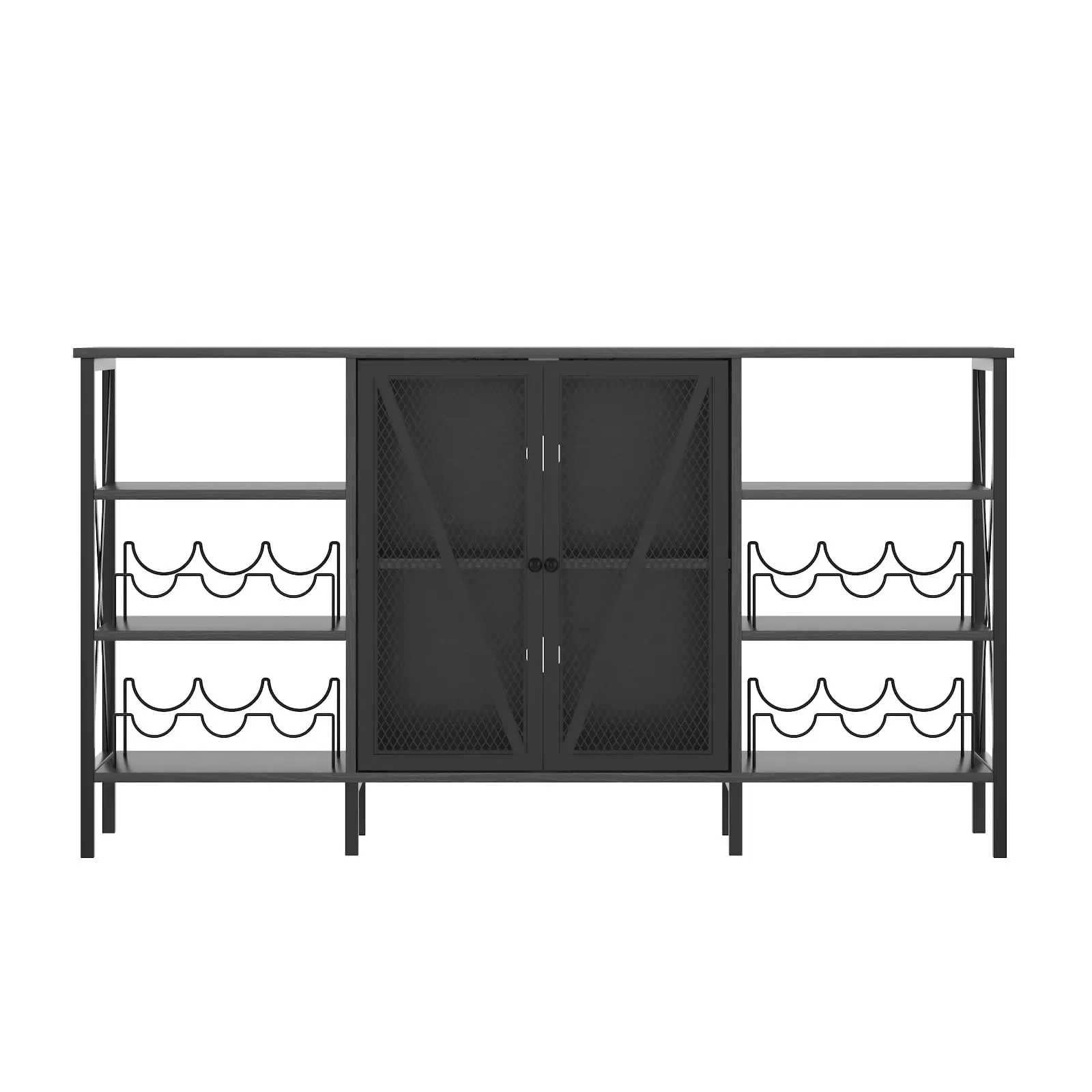 Garvee Farmhouse Black Wine Bar Cabinet with Adjustable LED Light, Metal Sideboard, Wine Rack, Glass Holder, and Mesh Door for Home Coffee and Liquor Storage, 55.2"
