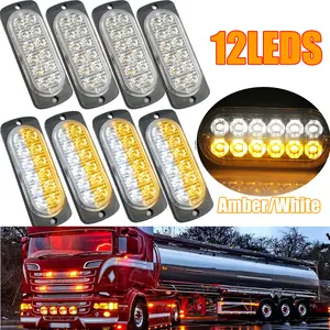 4/8PCS 12-LED Aluminum Housing Clear Lens Flashing Strobe Lights for Truck Car Vehicle LED Mini Grille Light Head Emergency Beacon Hazard Warning Lights (Amber/White)