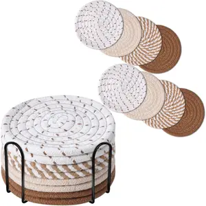 Drink Coasters 8 Pack with Holder, 4-Color  Woven Absorbent Coasters Set, Minimalist 4.3in Cup Mat for  Decor, Dining Table, Living Room, Tabletop-Protection for Coffee Beverage-Brown