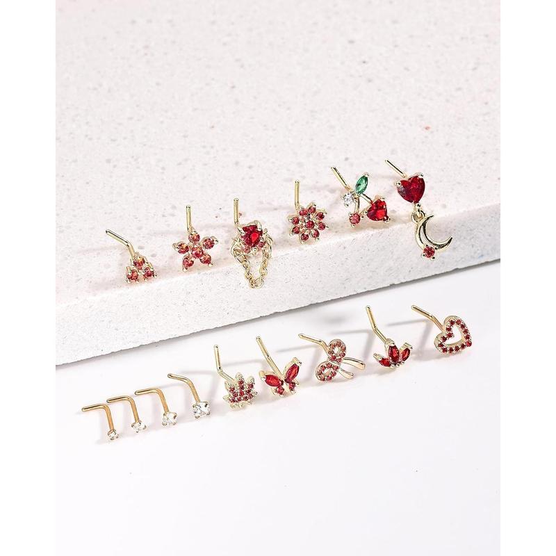 Nose Rings L Shaped for Women Nose Piercings 20G Surgical Stainless Steel Nose Studs Pink Red CZ Heart Butterfly Flower Cherry Bow Moon Dangle Nose Piercing Nose Rings L Shaped for Women Nose Piercings 20G Surgical Stainless Steel Nose Studs Pink Red CZ Heart Butterfly Flower Cherry Bow Moon Dangle Nose Piercing