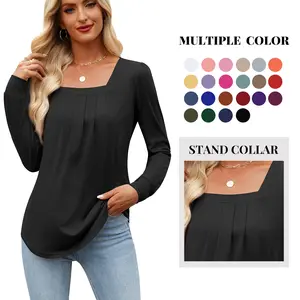 Women's Puff Long Sleeve Tops Dressy Casual Square Neck Pleated Work Blouse Fall Trendy Tunic Flowy Chiffon Shirts Multiple Color Stand Collar