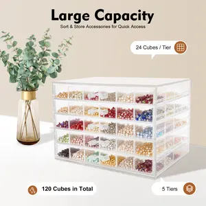 CNCEST Large Capacity 120 Grids Nail Art Rhinestone Gems Bead Acrylic Storage Display Tray Box Clear with 5 Tiers & 24 Cubes per Tier for Quick Access