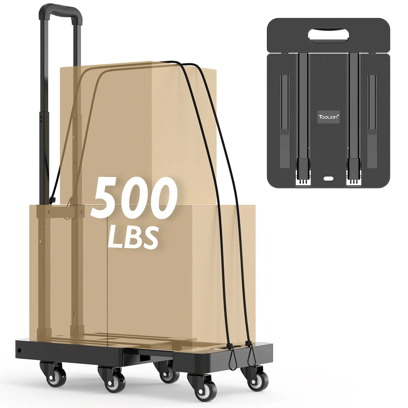 TOOLIOM Folding Hand Truck, 500 lbs Heavy Duty Foldable Luggage Cart with 6 Wheels & 2 Elastic Ropes, Portable Collapsible Dolly Cart with Extendable