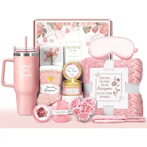 Birthday Gifts for Women Self Care Get Well Soon Gifts, Rose Relaxing Spa Gift Basket - Happy Birthday Set w/ Luxury Flannel Blanket & 40 oz Tumbler, Christmas Gift for Mom Her Wife Sister Friendmothersdaygift