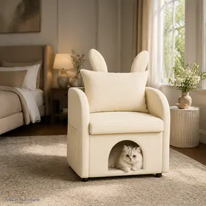 Modern Beige Bunny-Ear Pet-Friendly Armchair Bed, Cat & Dog Furniture with Built-In Hideaway, Secure Space, Cozy Dual-Use Design, Side Pocket, 27.4x25.2x37.4in