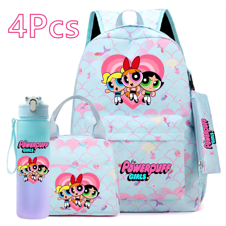 Powerpuff Girls 4PCS Backpack Set for Girls School Backpack Lunch Bag Pencil Case Water Bottle Cute Travel Gift