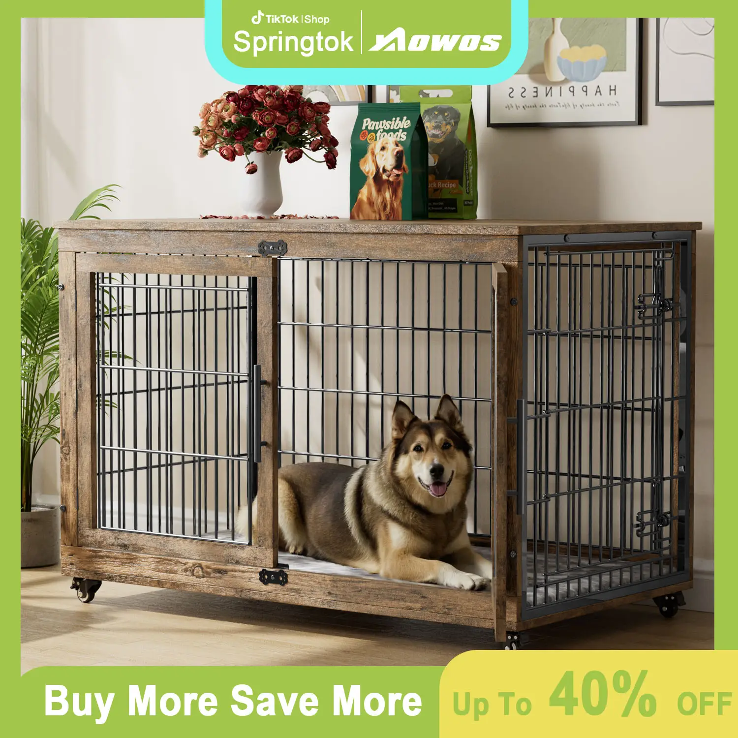 【FallDealsForYou】AOWOS Wooden Dog Crate Furniture, Stylish Dogs Kennel for Small to Extra Large, Double Door & A Cushion & 360° Wheel, Single Door & 2