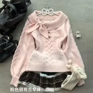 Women’s Japanese-style vintage bunny-ear knit sweater, sweet pink, for autumn/winter, slim-waist pullover, collegiate aesthetic