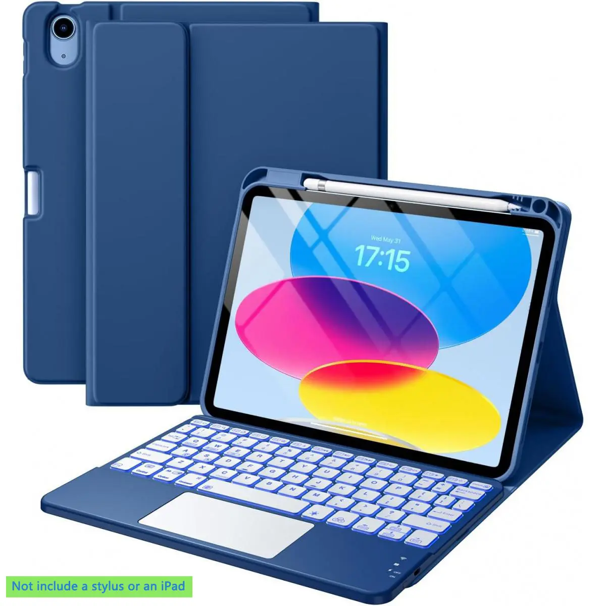 Tablet Keyboard Case with Accessories for iPad 11th/10th Gen (A16), Magnetic Folio Cover with Pencil Holder, Adjustable Multi-Touch Trackpad, 7-Color Backlit, Detachable Keyboard, Port Compatibility (Navy Blue), Rechargeable, Bluetooth
