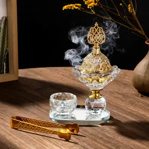 Middle Eastern Crystal Incense Burner Set, Transparent Glass Candle Holder, Arabic Home Decor, Party Atmosphere, Charcoal Fire Clip Included, Scented Fragrance Aroma