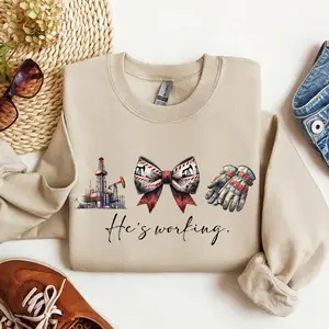 Blue Collar Wife Sweatshirt – “He’s Working” Oilfield Wife Graphic Crewneck, Roughneck Wife Life Shirt, Industrial Workwear Spouse Gift