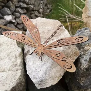 Metal Rustic Dragonfly Garden Statue, Animal Statue, Decorative Art Style, Complex Swirl Pattern, Swirling Metal Art, Outdoor Yard Sculpture, Durable Ground Installation