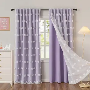 Lilac Curtains for Girls Bedroom  Curtain with White Pom Pom Sheer Window Drapes  Tab Room Darkening Double Layer 72 Inches Length 2 Panels, Light Purple, W52 X L72